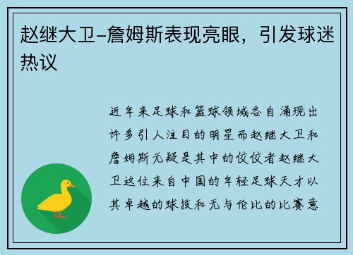 赵继大卫-詹姆斯表现亮眼，引发球迷热议